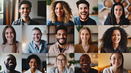 A collage of sixteen diverse individuals, each smiling and exuding warmth and friendliness, reflecting diverse backgrounds and personalities in a cohesive grid.