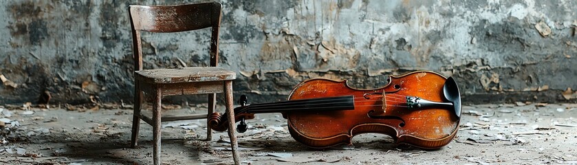 Obraz premium An abandoned chair and a violin create a melancholic atmosphere in a rustic, aged setting.