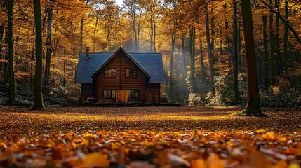 A serene autumn day with a house surrounded by golden trees, sunlight streaming through the forest, and colorful leaves scattered across the forest floor.