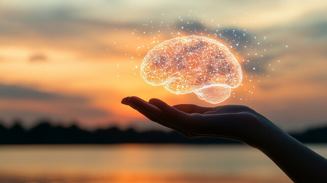 Hands cradle a glowing brain, symbolizing the connection between human intellect and technology, highlighting the fusion of creativity and innovation