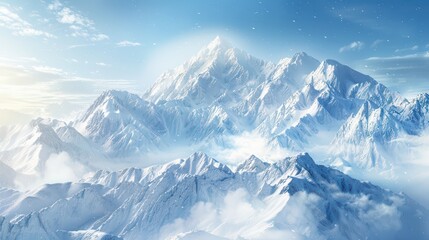 Majestic snow-covered mountain range under a clear blue sky, conveying tranquility and natural beauty.