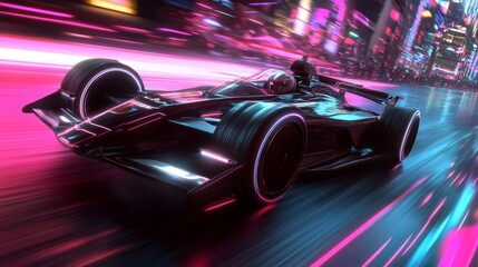 Futuristic Race Car on Neon Highway at Night