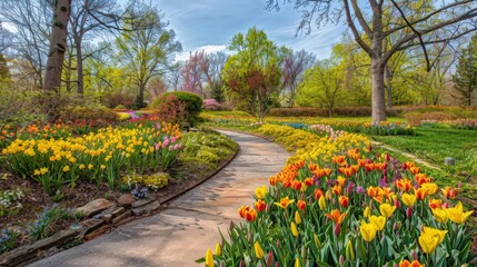 Obraz premium A serene public garden showcasing seasonal displays of tulips, daffodils, and other spring flowers
