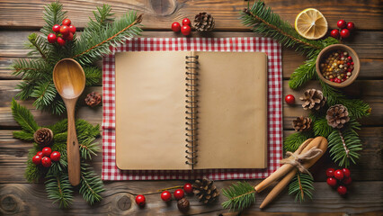 Christmas-themed vintage recipe book with blank wooden cover for creative cooking ideas, Christmas, food, flower, paper, wooden