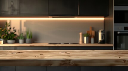 Modern kitchen interior featuring a wooden countertop with soft lighting and minimalist decor, perfect for cooking and dining.