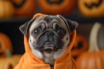 Cute pug in an orange hoodie surrounded by Halloween pumpkins, perfect for seasonal pet photography and festive decorations.