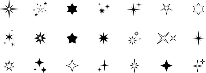 Minimalist silhouette stars icon set, twinkle shining star shape symbols, icons, elements. Modern geometric sparkle black silhouettes sign vector.
