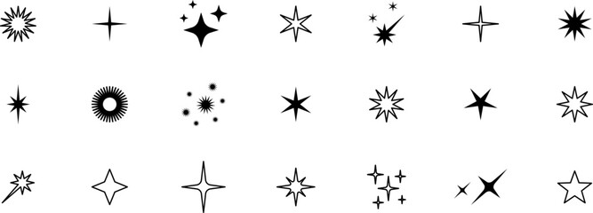 Minimalist silhouette stars icon set, twinkle shining star shape symbols, icons, elements. Modern geometric sparkle black silhouettes sign vector.