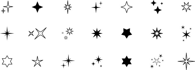 Fototapeta premium Minimalist silhouette stars icon set, twinkle shining star shape symbols, icons, elements. Modern geometric sparkle black silhouettes sign vector.