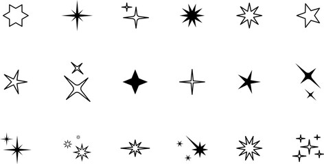 Minimalist silhouette stars icon set, twinkle shining star shape symbols, icons, elements. Modern geometric sparkle black silhouettes sign vector.