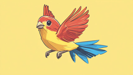 Obraz premium Colorful illustration of a cheerful bird soaring against a sunny yellow background