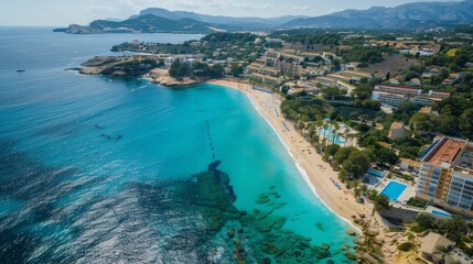 Obraz premium The picture taken from a drone shows turquoise waters, white sandy beach, greenery, cliffs and apartments. Quiet but stunning, like a postcard. Popular destination.