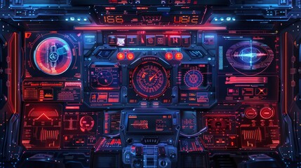 Image of a spaceship cockpit with purple and neon lights. The chair is in front of a control panel with various instruments displaying data on dials, gauges and screens in pink and blue colours.