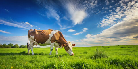 Cow grazing in a lush green field under clear blue skies, cattle, farm animal, agriculture, pasture, grazing, rural