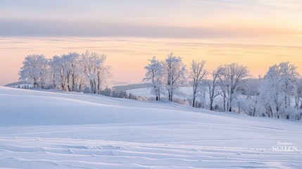Obraz premium A serene snowscape showing a snow-covered meadow with gentle rolling hills, framed by a line of frost-covered trees and a pale winter sunset