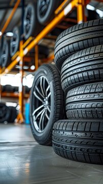 Image shows a tidy tire shop with a pile of four tires in focus. Shop displays various tires stored on racks and containers, portraying an organized industrial space for automotive services.