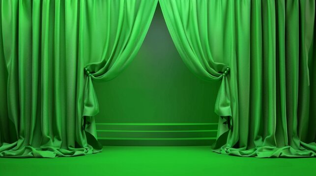 An elegant stage set with a lush green curtain drawn back, revealing a grand, unoccupied space, ready for a prestigious event like an award show or fashion display.