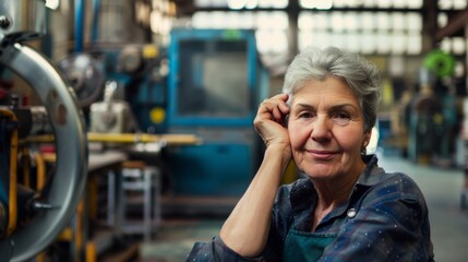 Fototapeta premium A contemplative older woman with gray hair and an apron, resting her head on her hand in a busy industrial workshop filled with machinery.