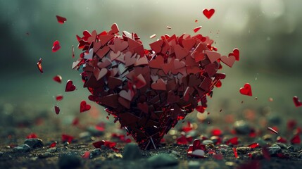 A large heart symbol made of smaller hearts on dirt ground with scattered petals evokes love's complexity and fragility, hinting at a bittersweet narrative.