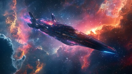 Futuristic Spaceship Flying Through Nebula