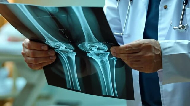 Doctor Checking an X-ray sheet of leg and knee bone in the medical clinic room