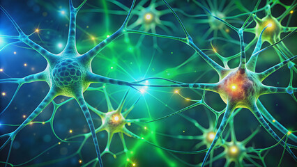 Two interconnected neurons in blue and green color scheme, neurons, brain, science, connection, synapse