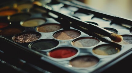 Naklejka premium A close-up shot of a makeup palette featuring a variety of vibrant eyeshadow colors, with brushes resting delicately atop.
