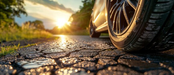 Close-up photo of a car tire on a wet road, touched by the setting sun's golden light, creating a serene scene. Car details blurred, focusing on tire and sunset.