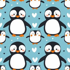 Obraz premium Christmas seamless pattern, Weihnachtsgeschenkpapier Winter Geschenkpapier mit süssen Pinguinen auf blauem Hintergrund, Endlos Geschenkpapier für Kinder zu Weihnachten, Neujahr oder Winter