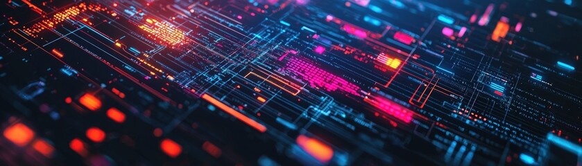 Obraz premium Abstract Digital Technology Background with Colorful Circuit Patterns and Binary Code.