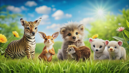 Naklejka premium Cute animals playing together in a grassy field, adorable, furry, animals, playful, adorable, pets, companions, furry