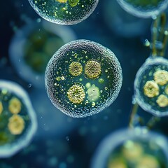 Microscopic view of vibrant green cells, showcasing intricate structures and variations in coloration, representing biological life.