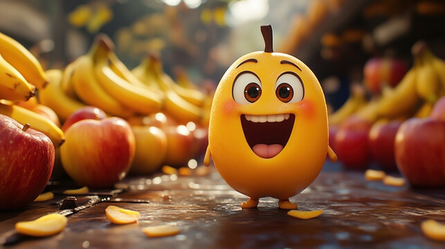 Manzana amarilla animada en el centro de la imagen. En el fondo conjunto de manzanas rojas y pl&aacute;tanos.