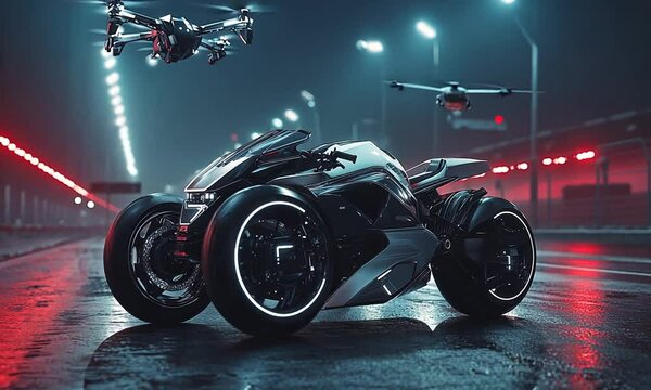 Futuristic Motorcycle with Drones