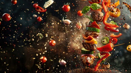 Vibrant food splashes in the air, showcasing colorful ingredients and delicious kebabs, perfect for culinary art.