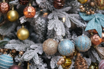 close up christmas tree decorations background
