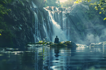 A tranquil scene of a person meditating by a serene waterfall, surrounded by lush greenery and reflecting waters.
