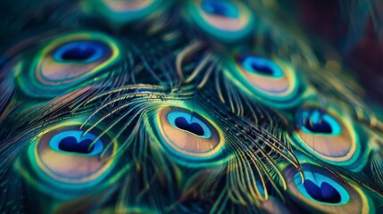 A close-up image of vibrant, iridescent peacock feathers showcasing their intricate patterns and vivid colors.