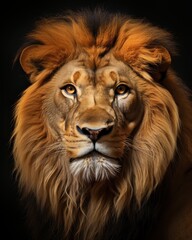 Obraz premium A majestic lion with a powerful gaze, showcasing its beautiful mane against a dark background.