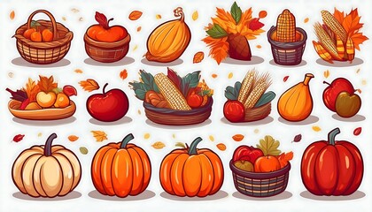 Autumn Food and Harvest Symbols - set of autumn themed food and harvest icons, including pumpkin, corn, squash, and a basket of harvest produce. Graphic art illustration on white