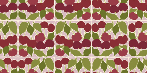 Abstract cherries seamless pattern. Minimalistic retro 70s style groovy summer berries design. Vector illustration.