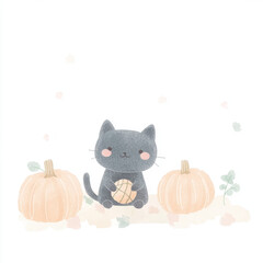 Cute Cat with Pumpkins.