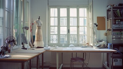 A spacious studio with a dress mannequin, large windows and sunlight streaming in, providing an inspiring workspace for fashion design.