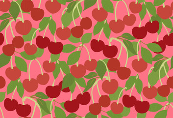Seamless cherry pattern on pink background. Summer berries jungle design. Retro groovy cute fruits design for prints.
