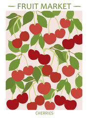 Cherry fruit market poster - retro groovy cherries on pink background. Aesthetic contemporary fruits wall print.