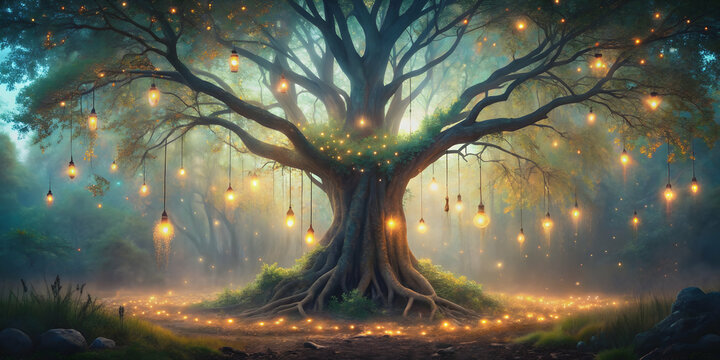 Enchanting mystical tree with glowing lights in serene forest, mystical, tree, glowing lights, serene, forest, enchanting