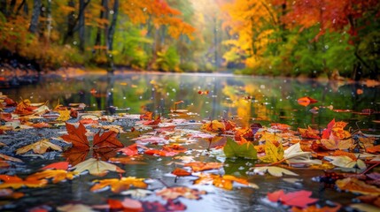 A stream cutting through a vibrant autumn landscape, with colorful leaves floating on the surface and the surrounding trees displaying their fall colors.