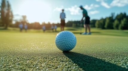 close up of a golf ball on a putting green near the hole with blurred players for sports and leisure concepts at a luxury golf club