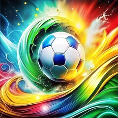 Naklejka premium Colorful soccer ball, dynamic motion, vibrant energy, abstract background, copy space