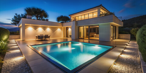 Villa with small pool illuminated at night, luxury, house, swimming, architecture, elegant, vacation, outdoor, relaxation